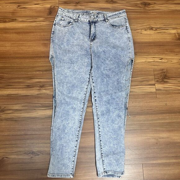 Denim - Y2K Acid Wash Rhinestone Cutout Jeans 18W Festival Baddie Distressed